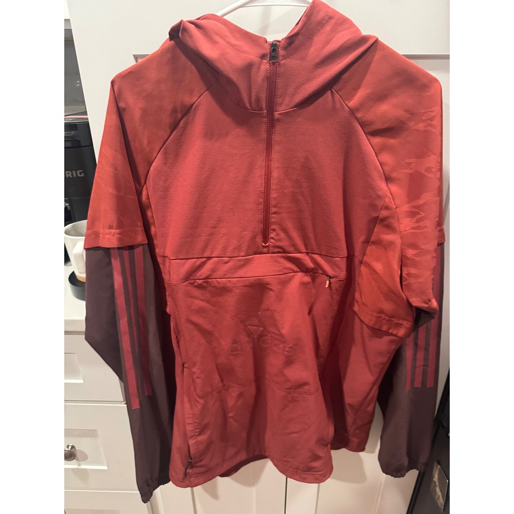 Adidas Mens Quarter Zip Camo Hooded Windbreaker Jacket Red Maroon Small